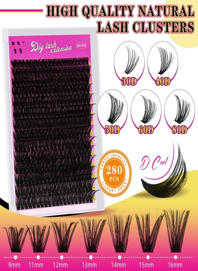 WLFRHD Lash Clusters 280PCS Individual Lashes D Curl Eyelash Clusters Mixed Length Cluster Eyelash Extensions Clusters Lashes with Thin Band Soft False Eyelashes DIY at Home(80D,D-Mix9-16mm) - Image 2